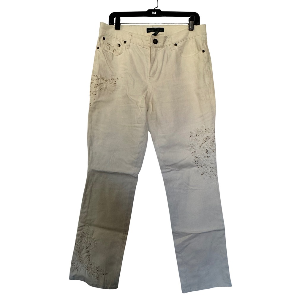 Lauren Ralph Lauren Women 10 White Paisley Embroidered Beaded Straight Leg Jeans